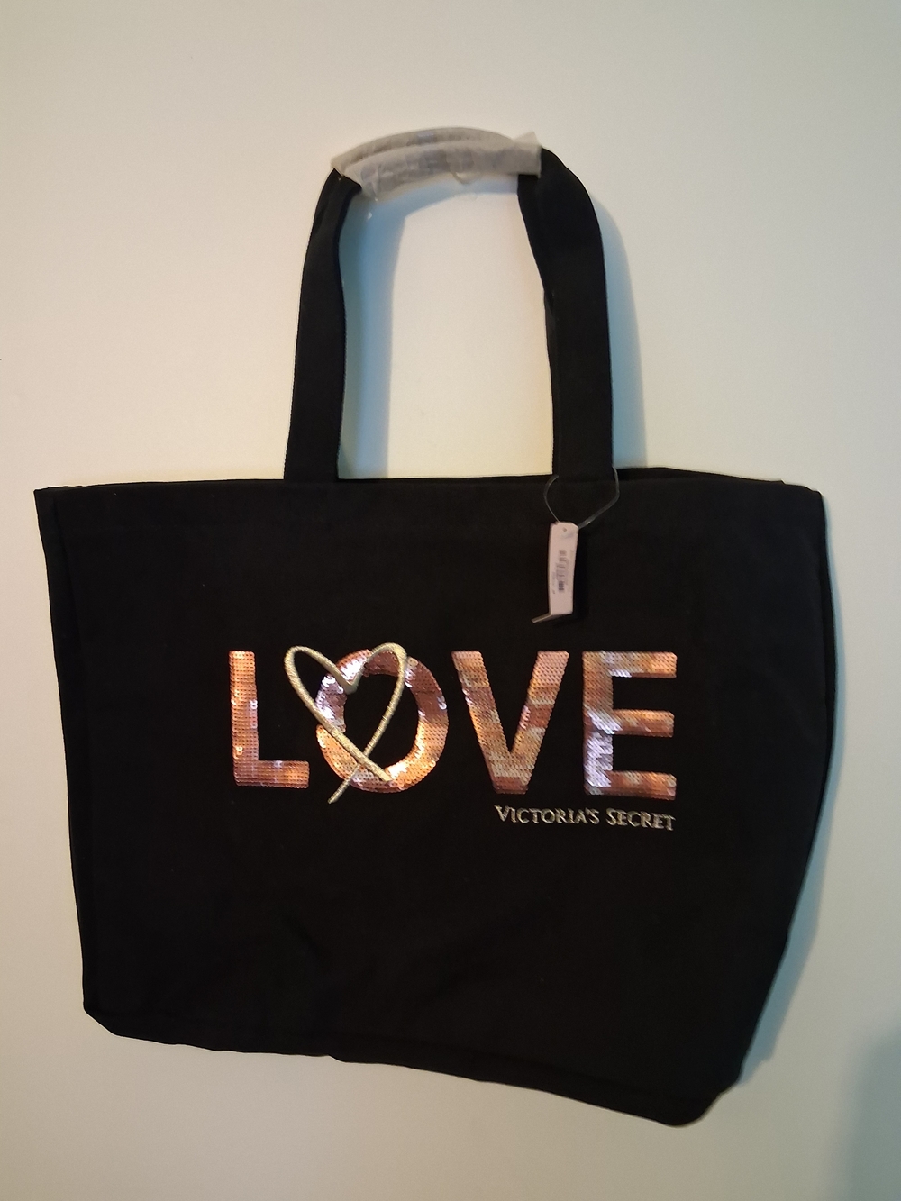 Victoria's Secret Black Tote with Rose Gold Sequin LOVE